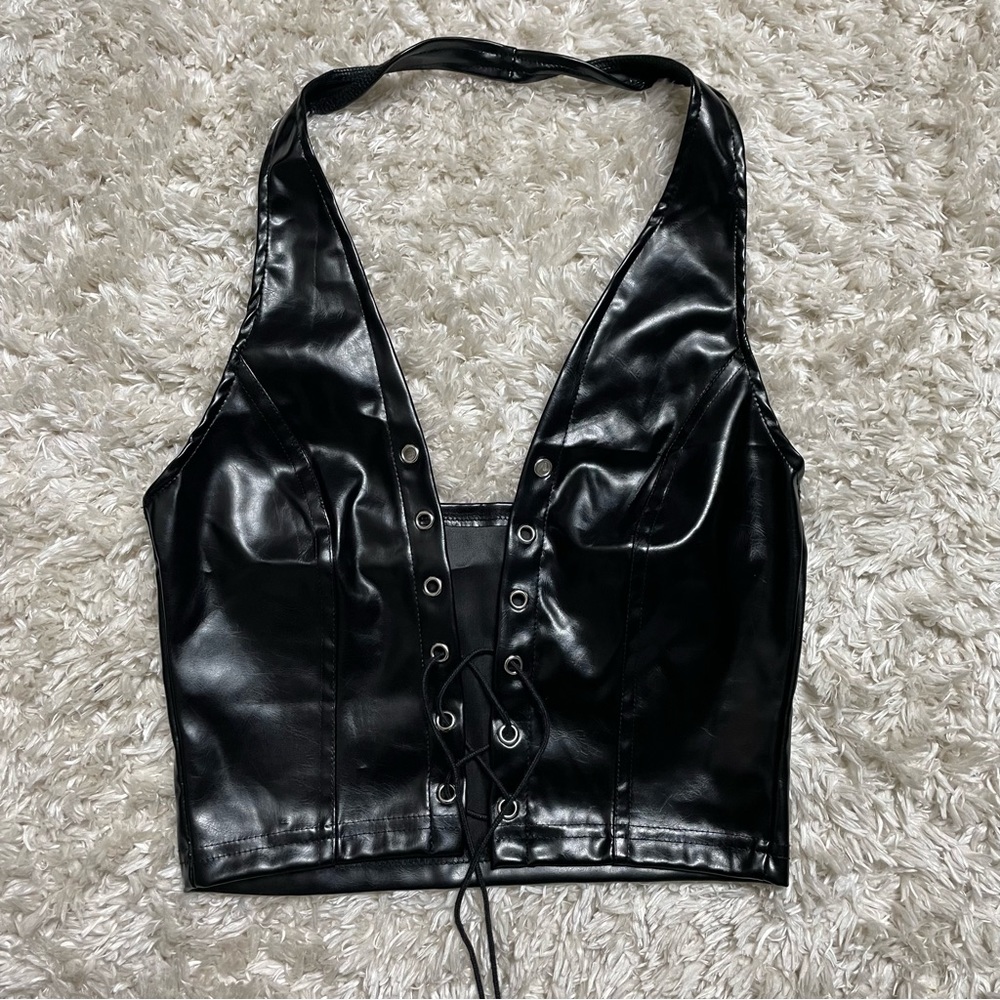Amazon, M, and Black leather corset top.